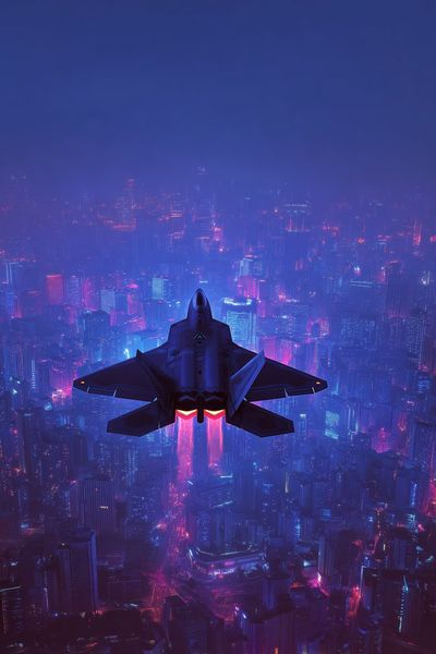 Neon Fighter Jet Cityscape Poster. poster