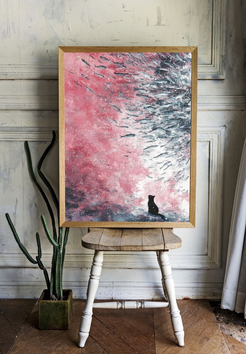 Cat and Fish — Surreal Art Print room preview
