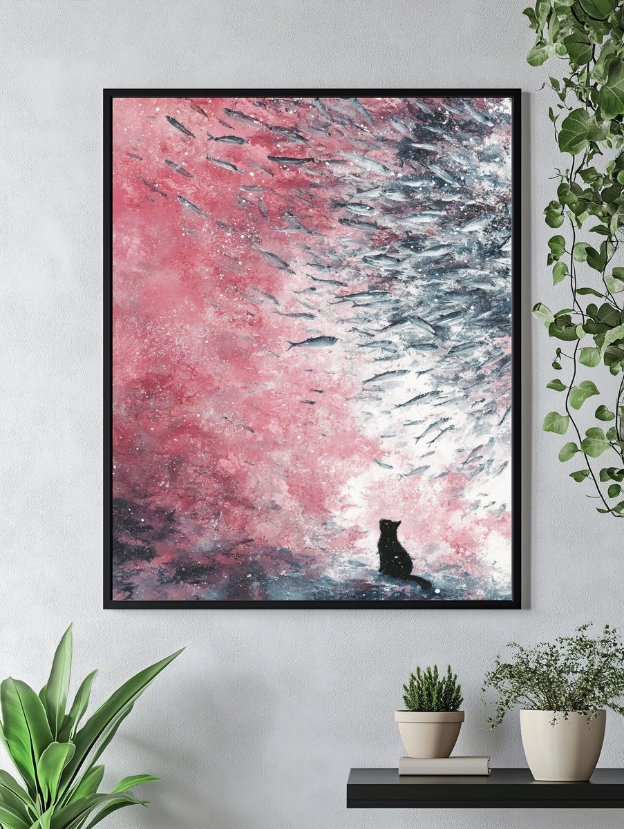Cat and Fish — Surreal Art Print. — room view 4