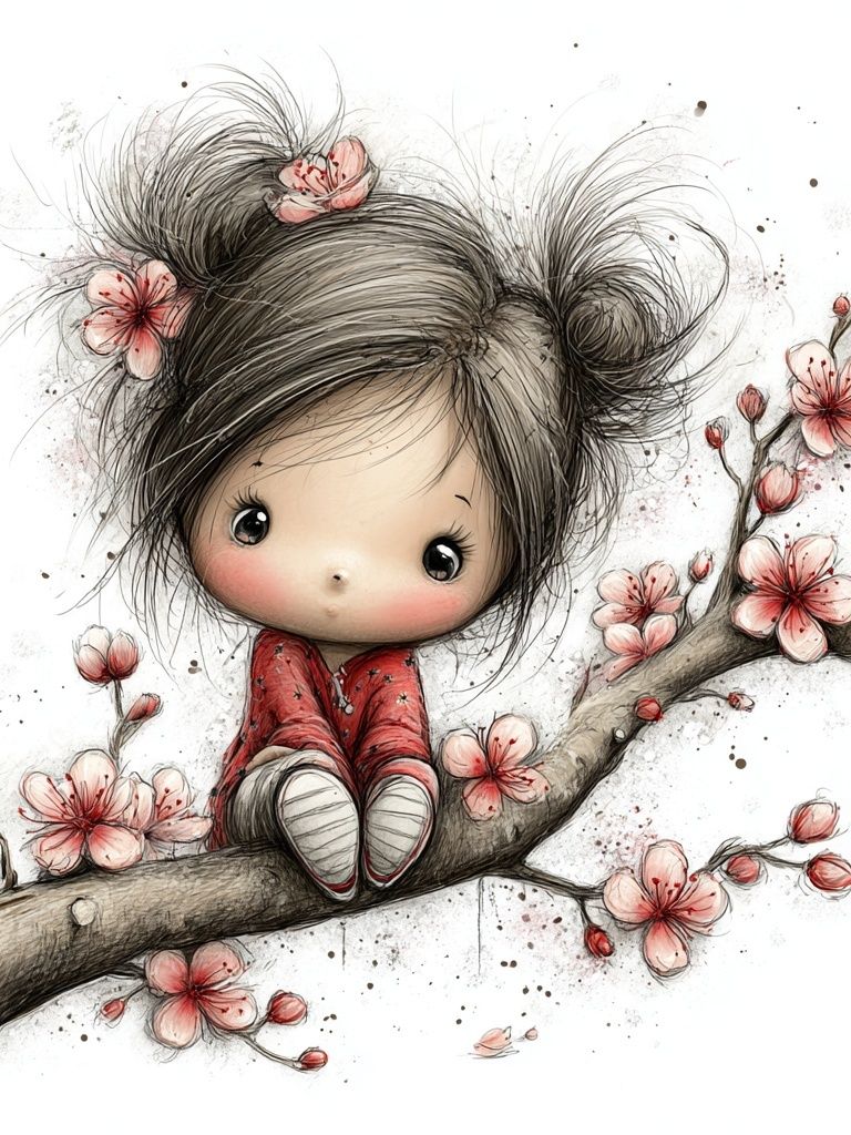 Cute Girl on Cherry Blossom Branch — Illustration Print. poster detail
