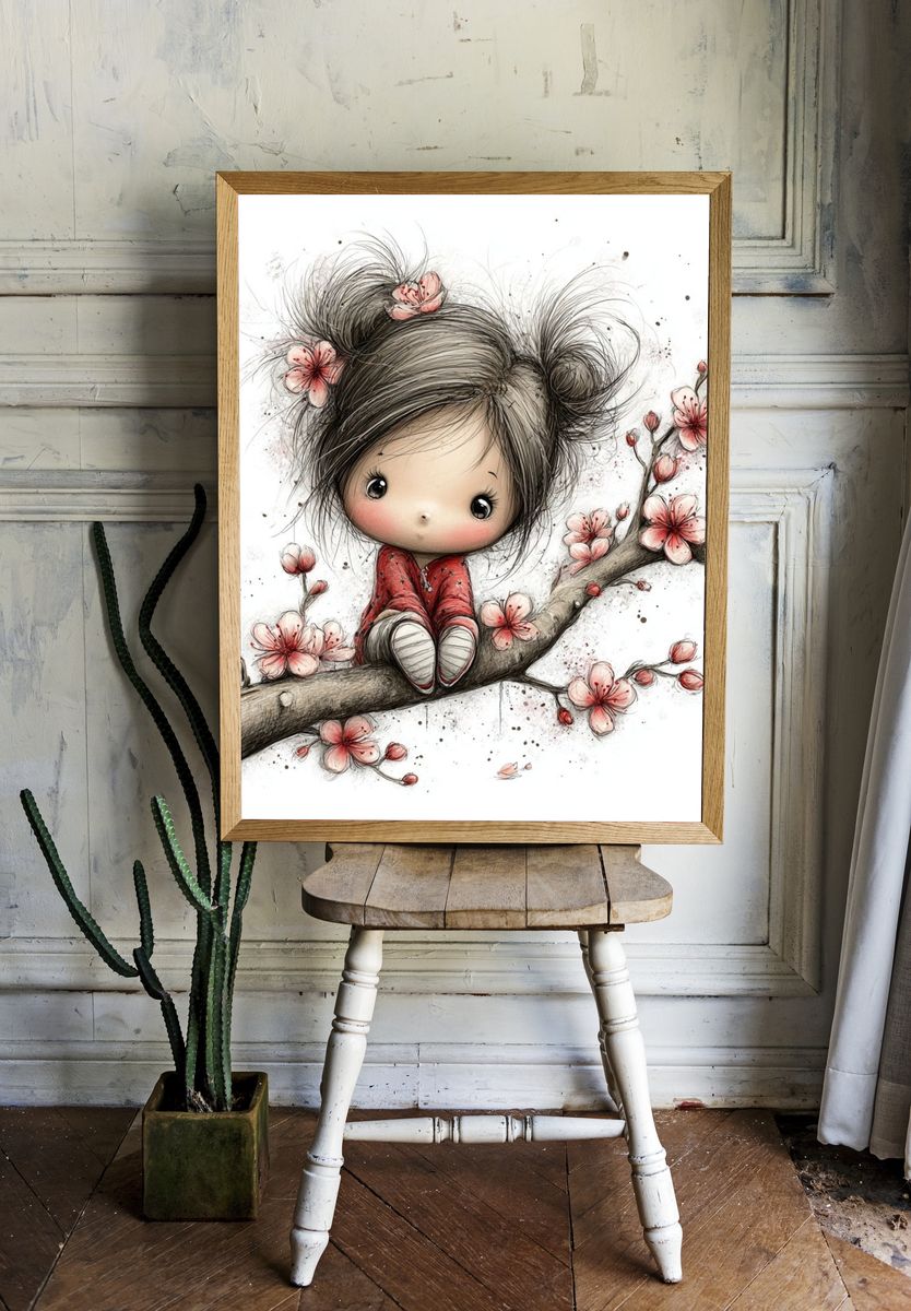 Cute Girl on Cherry Blossom Branch — Illustration Print room preview