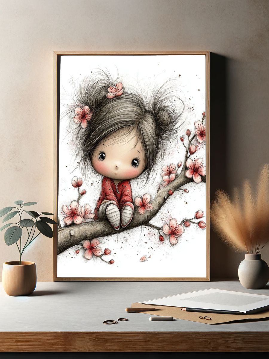 Cute Girl on Cherry Blossom Branch — Illustration Print. — room view 2