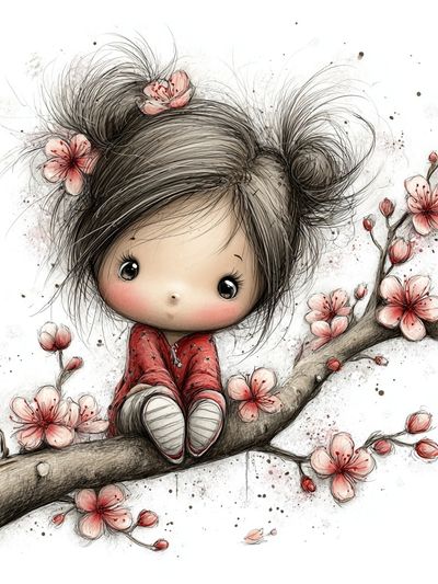 Cute Girl on Cherry Blossom Branch — Illustration Print. poster
