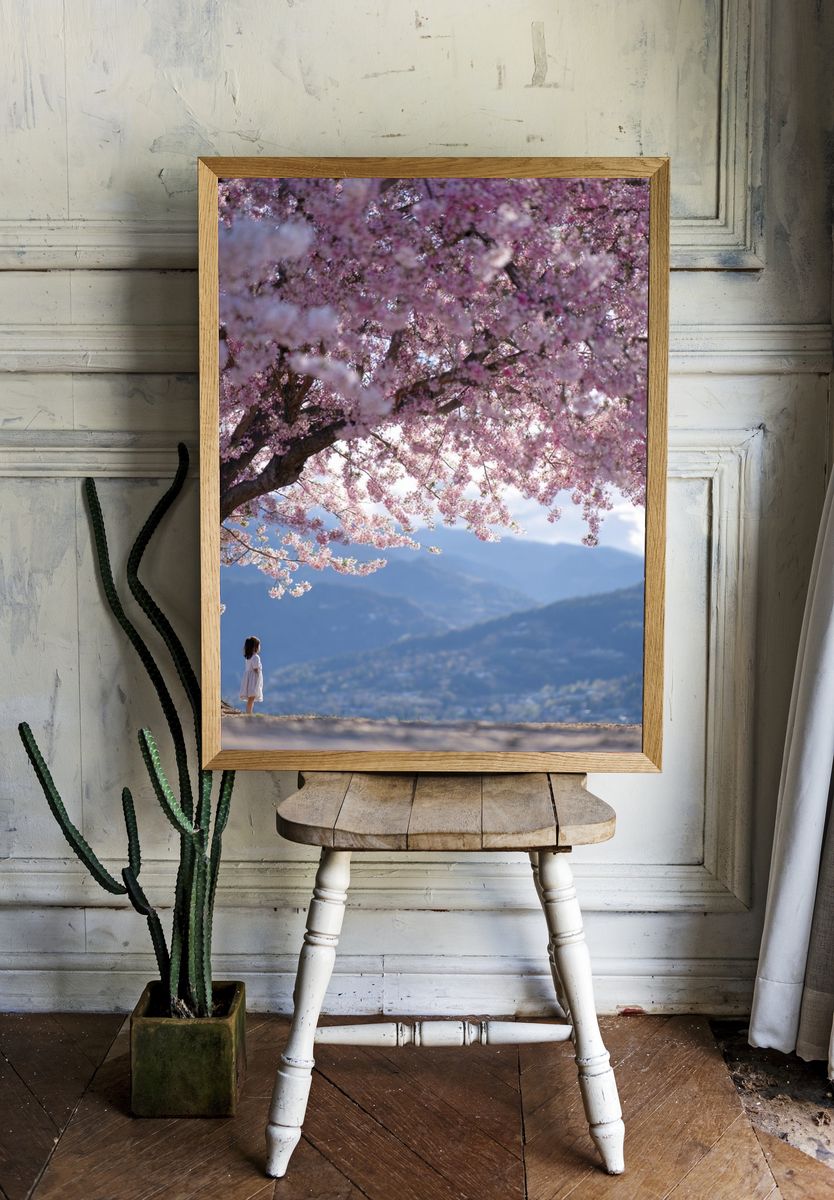 Cherry Blossom Mountain View Photography Poster. — room view 1