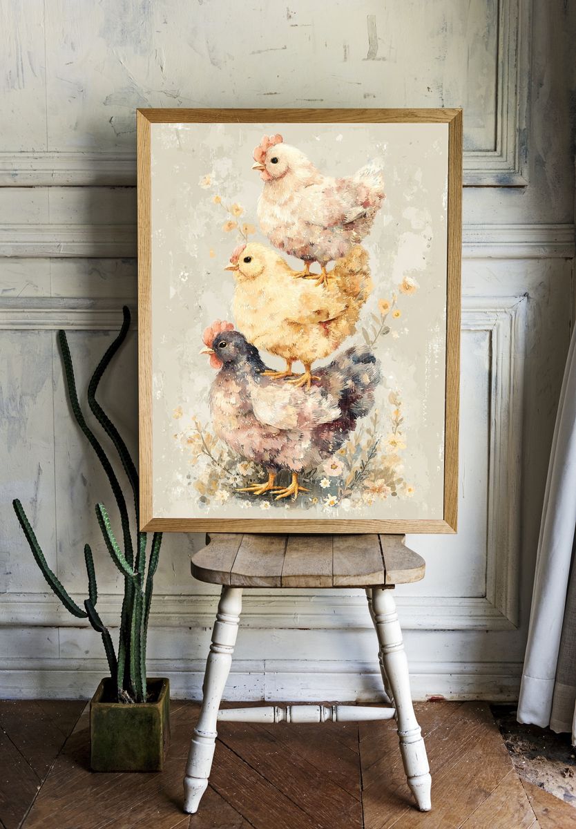 Charming Chickens — Watercolor Print. room preview