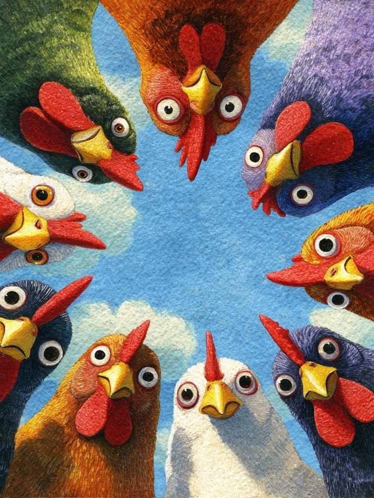 Colorful Chickens — Illustration Print. poster detail