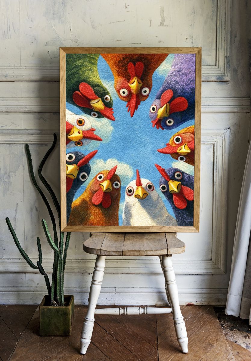 Colorful Chickens — Illustration Print. room preview