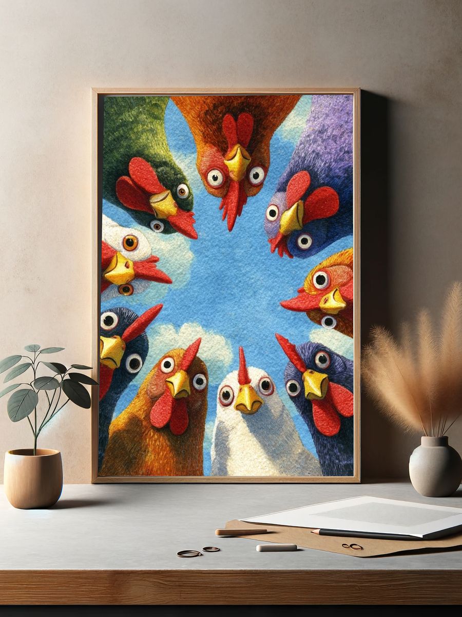 Colorful Chickens — Illustration Print. — room view 2