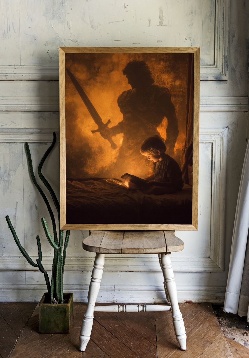 Child Reading with Heroic Shadow — Illustration Print room preview