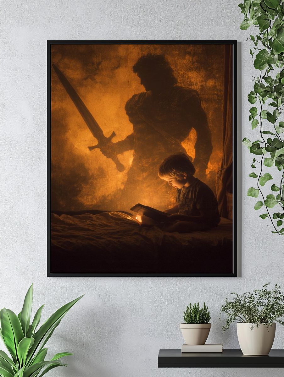 Child Reading with Heroic Shadow — Illustration Print. — room view 4