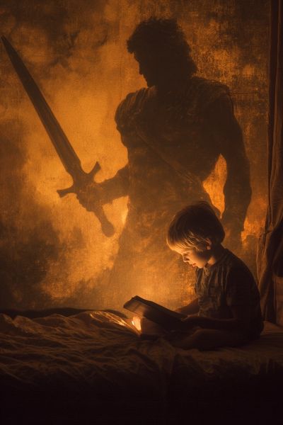 Child Reading with Heroic Shadow