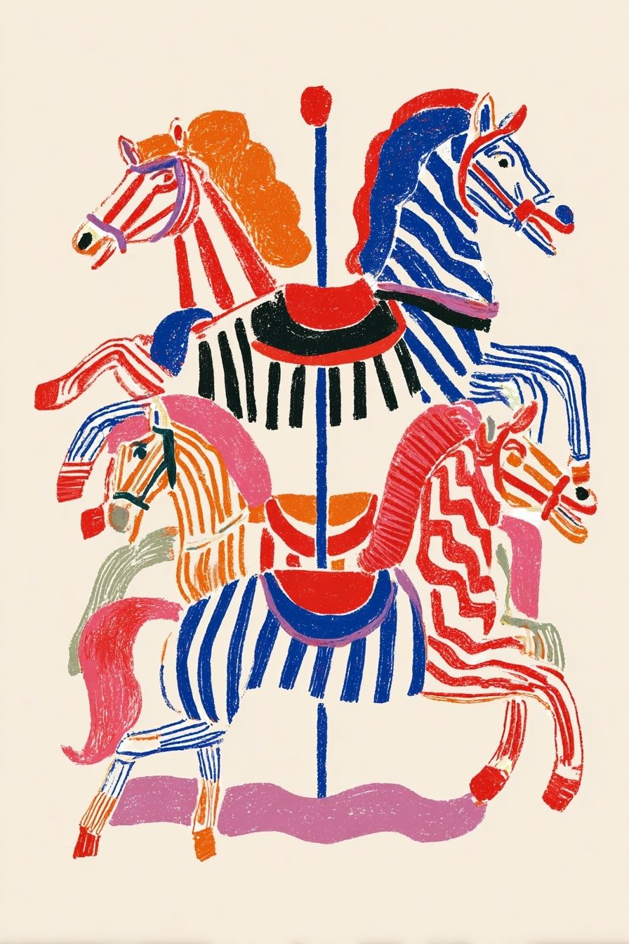 Colorful Carousel Horses — Illustration Print. poster detail