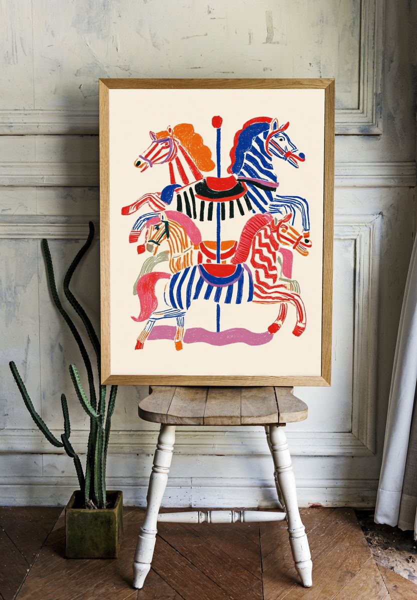 Colorful Carousel Horses — Illustration Print. room preview
