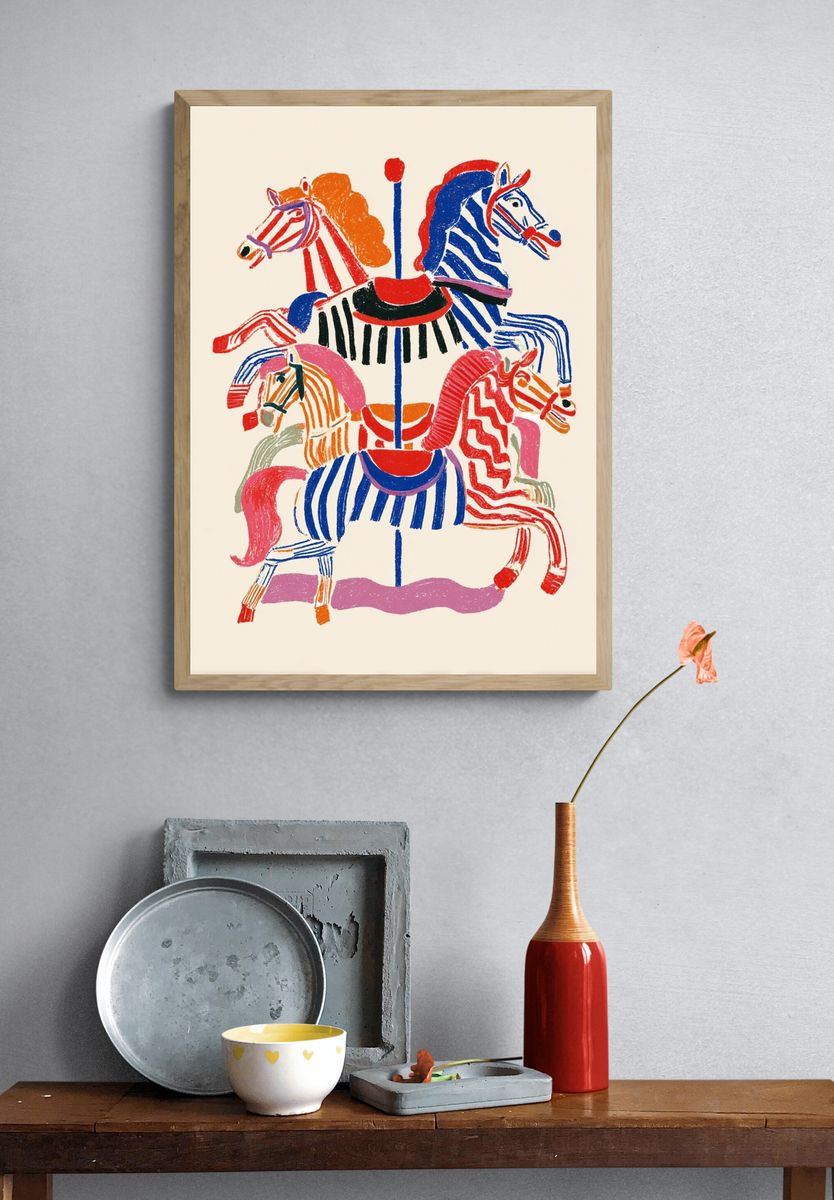Colorful Carousel Horses — Illustration Print. — room view 3