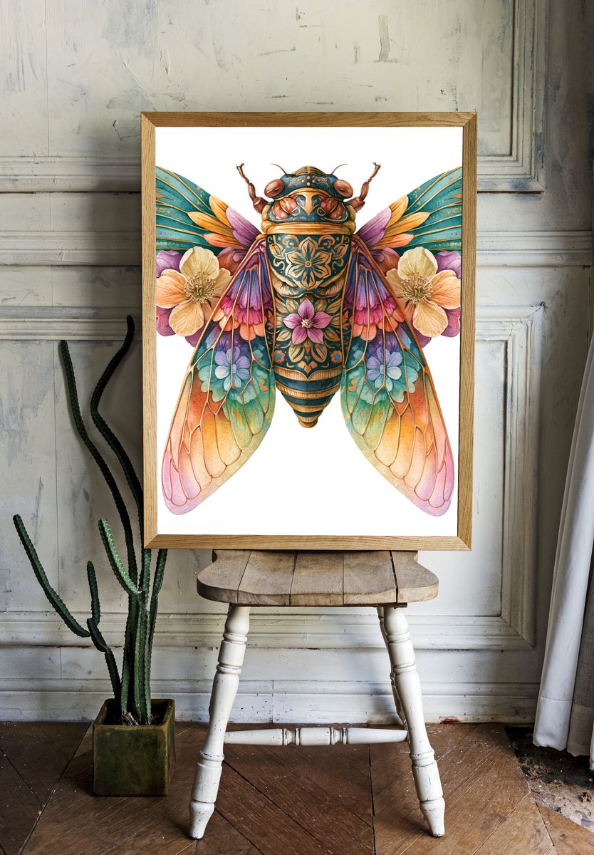 Floral Cicada Illustration Poster. — room view 1