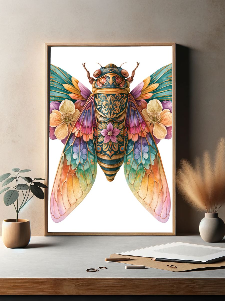 Floral Cicada Illustration Poster. — room view 2