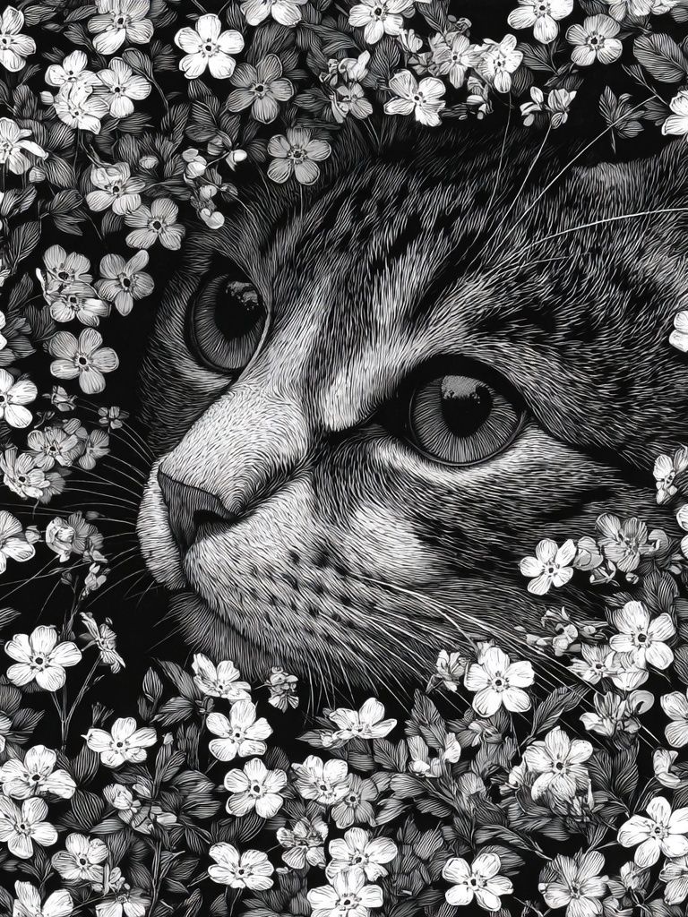 Cat in Flowers — Illustration Print. poster — illustration art