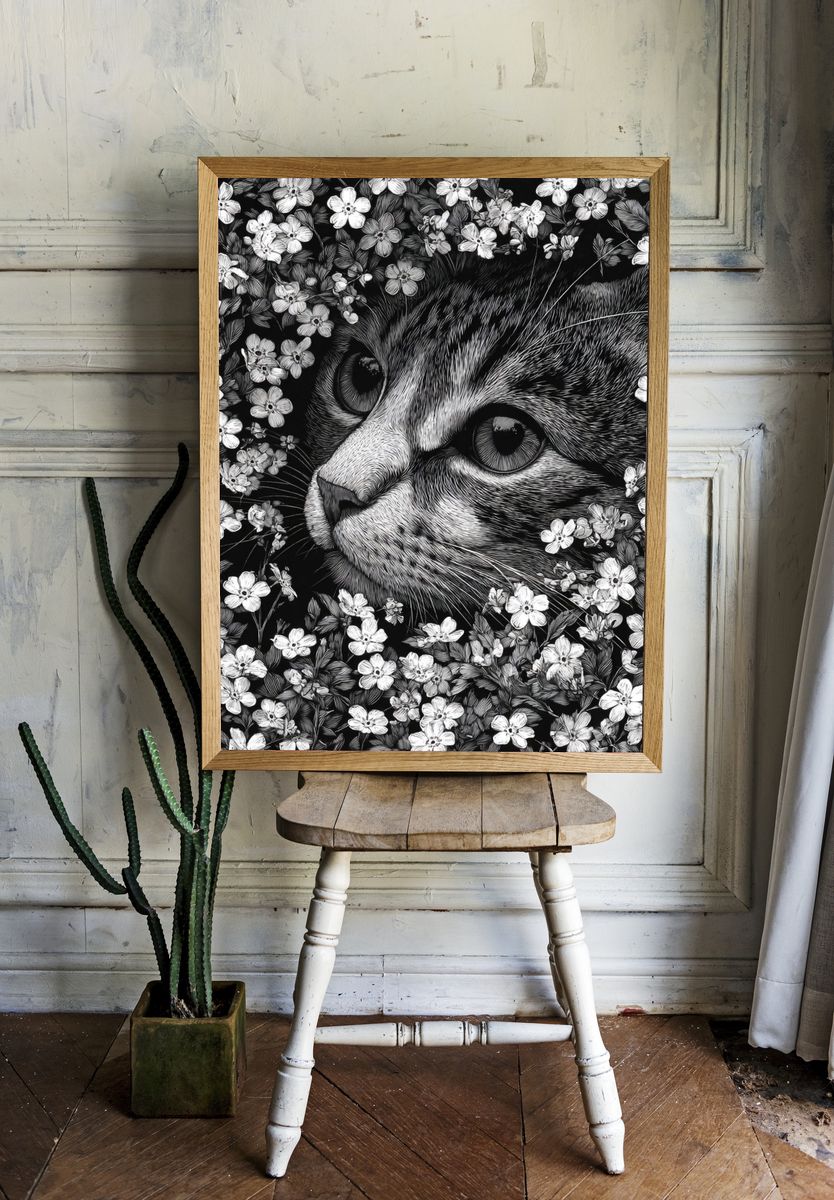 Cat in Flowers — Illustration Print room preview