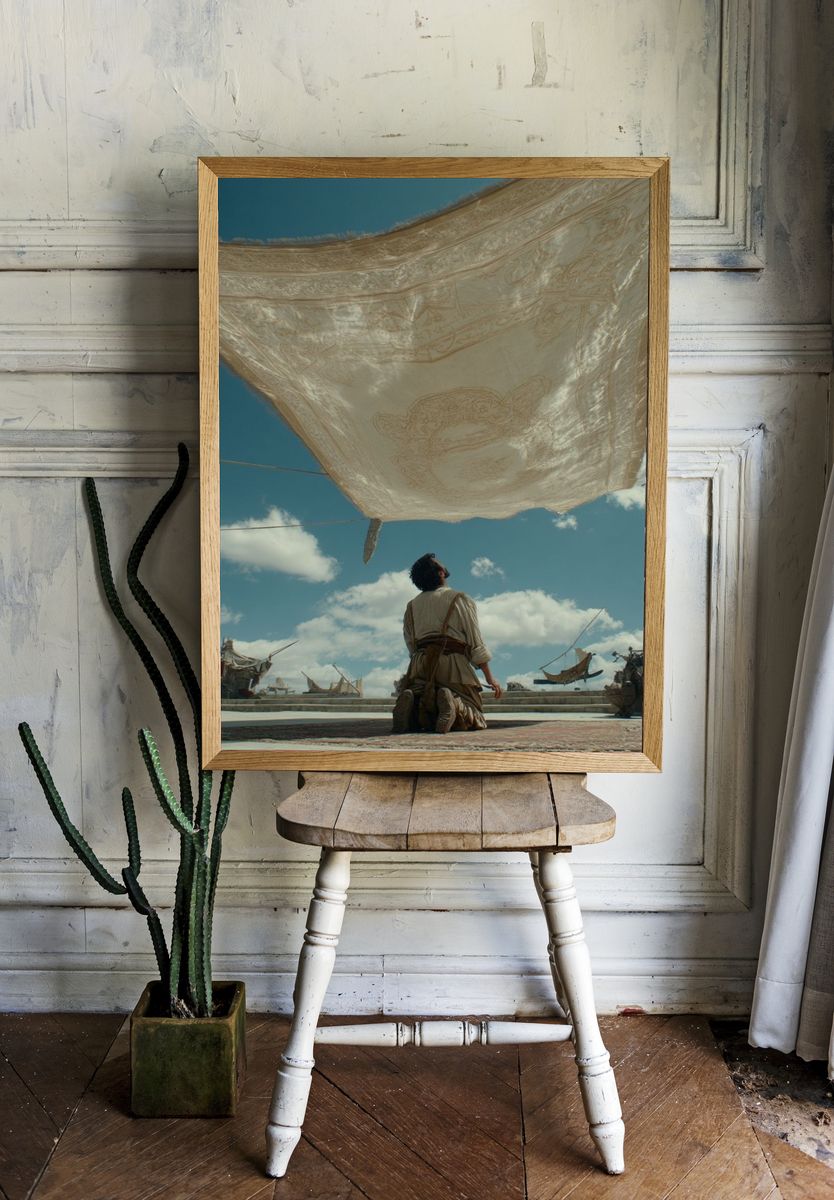 Kneeling Figure Under Canopy — Cinematic Print room preview