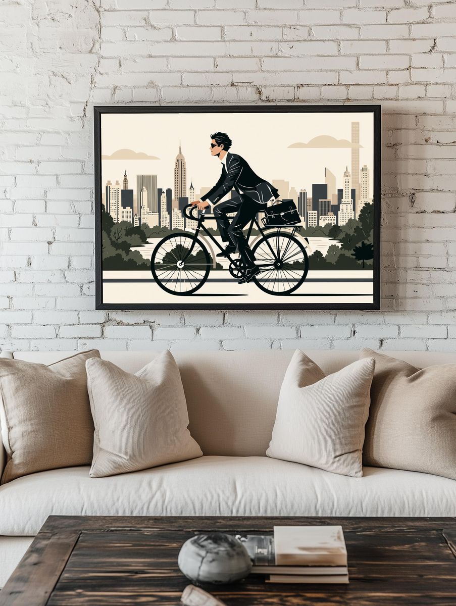 Cyclist in Cityscape Illustration Poster. — room view 1