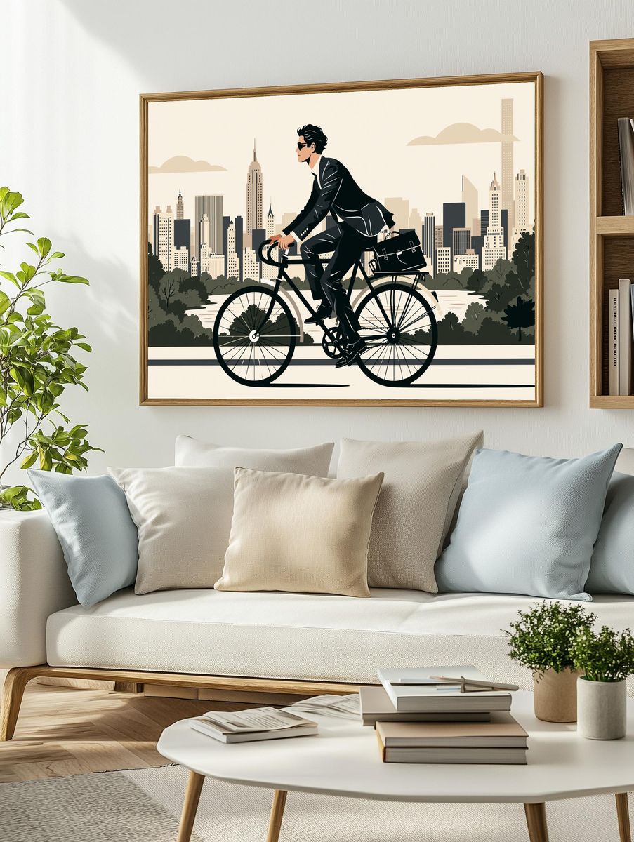 Cyclist in Cityscape Illustration Poster. — room view 2