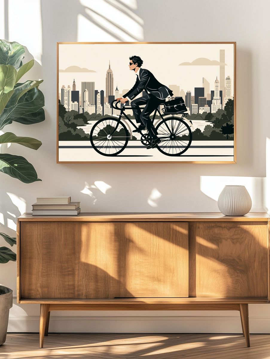 Cyclist in Cityscape Illustration Poster. — room view 3