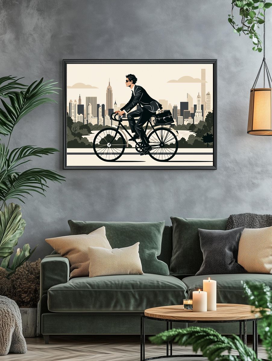 Cyclist in Cityscape Illustration Poster. — room view 4