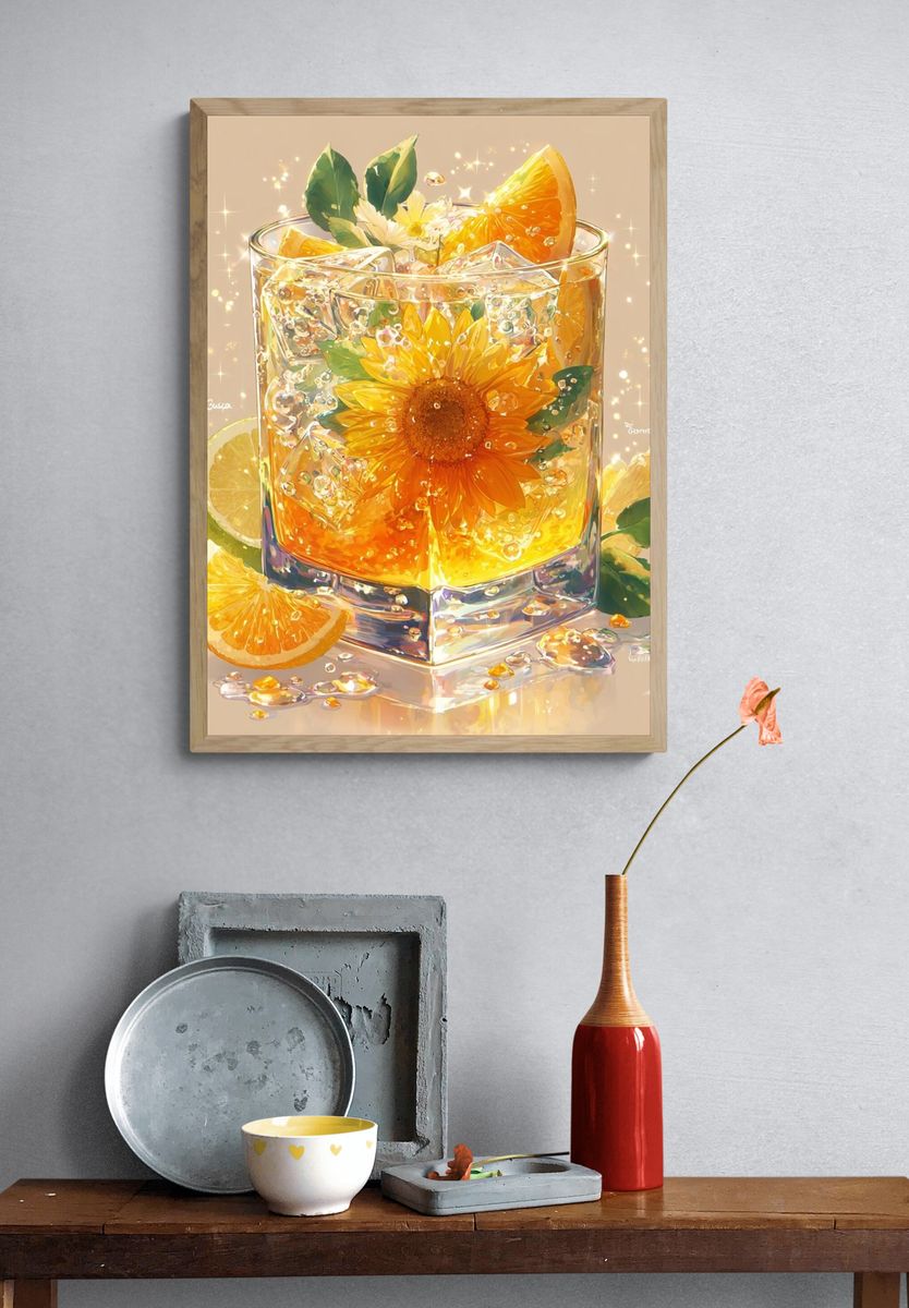 Sunlit Citrus Cocktail Illustration Poster. — room view 3