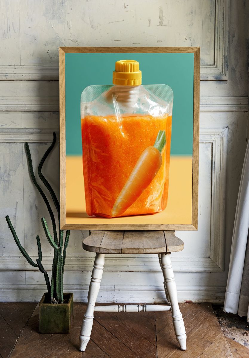 Carrot Juice Pouch Photography Poster. — room view 1