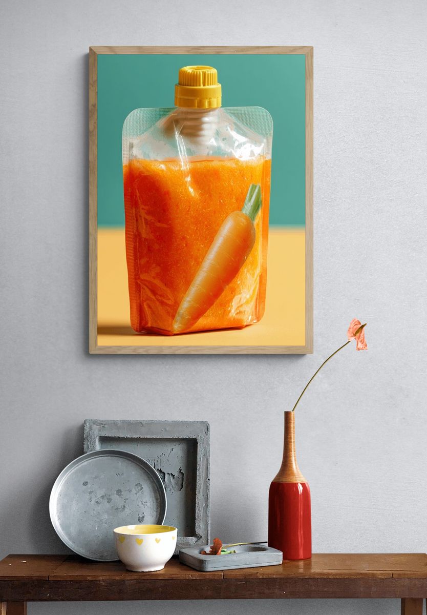 Carrot Juice Pouch Photography Poster. — room view 3