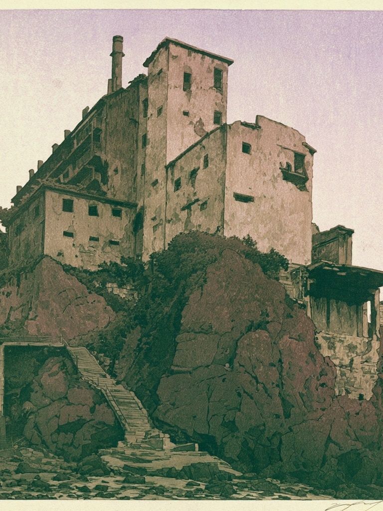 Cliffside Ruins Illustration Poster. poster detail