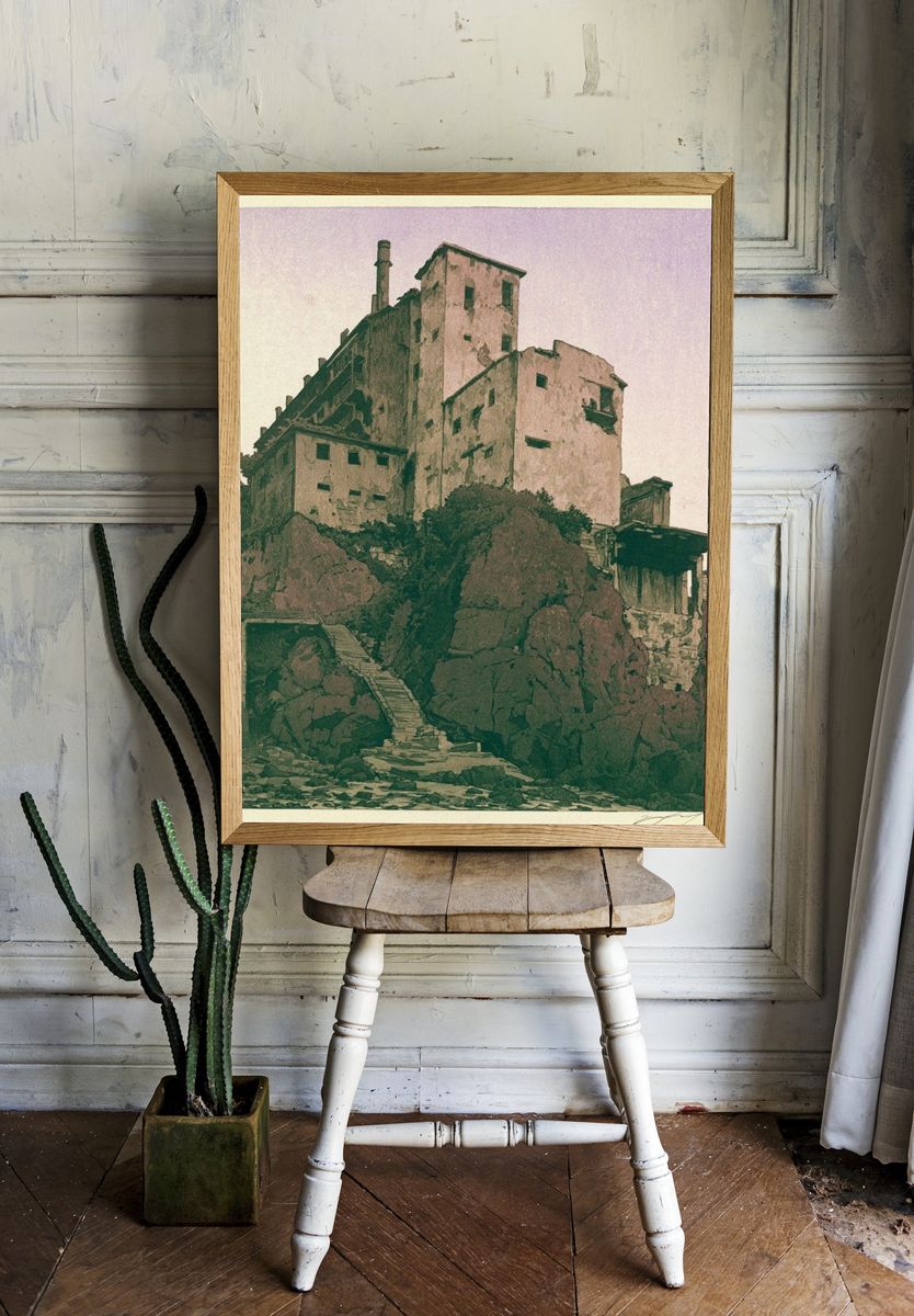 Cliffside Ruins Illustration Poster. room preview