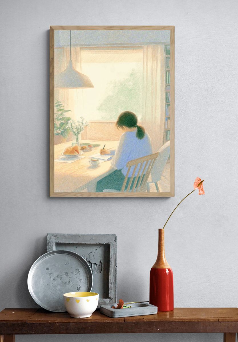 Cozy Morning Writing — Illustration Print. — room view 3