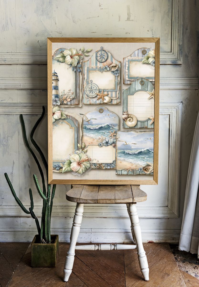 Coastal Nautical Collage Print. room preview
