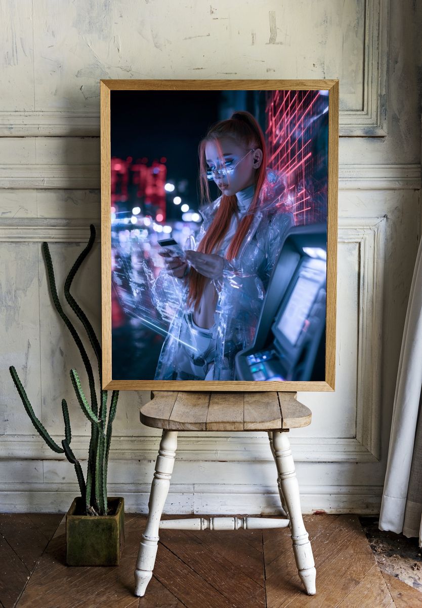 Cyberpunk Neon Portrait Print. — room view 1