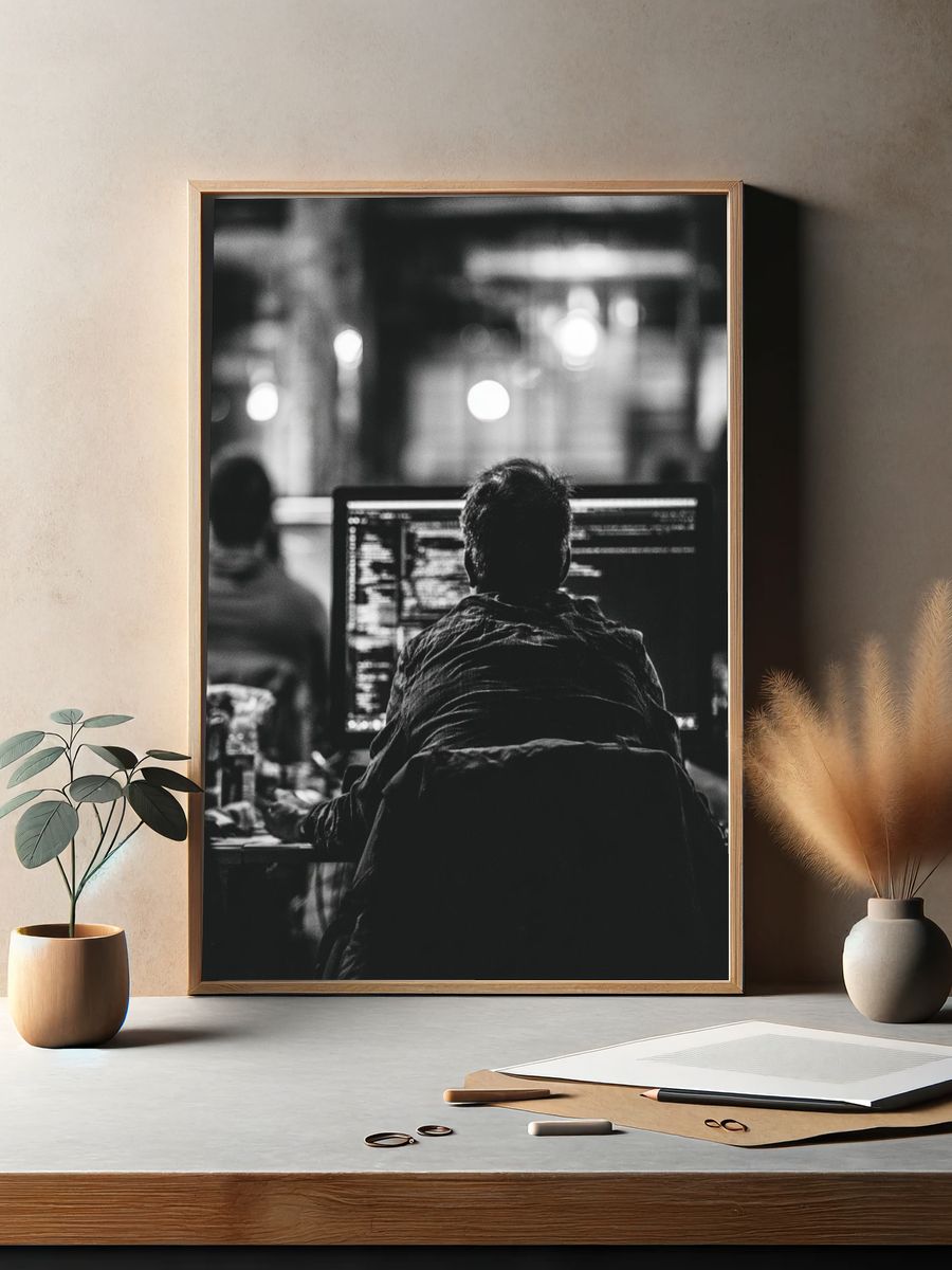 Coder at Work Black-White Poster. — room view 2