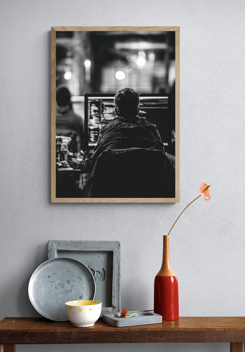 Coder at Work Black-White Poster. — room view 3