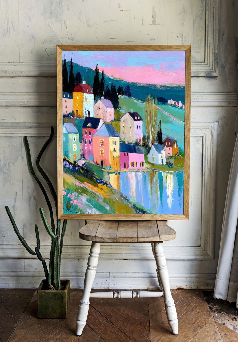 Colorful Village Landscape Poster. — room view 1