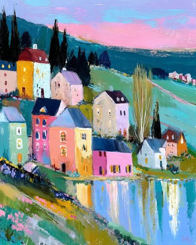 Colorful Village Landscape Poster. poster