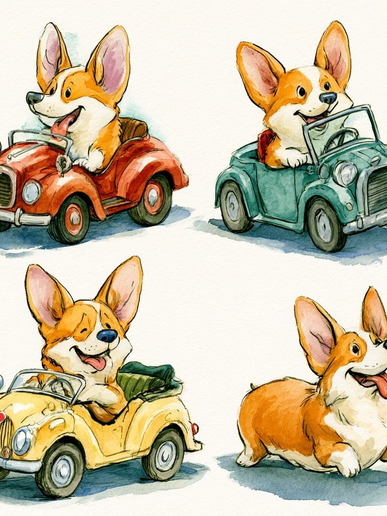 Corgi Car Parade Illustration Poster. poster detail