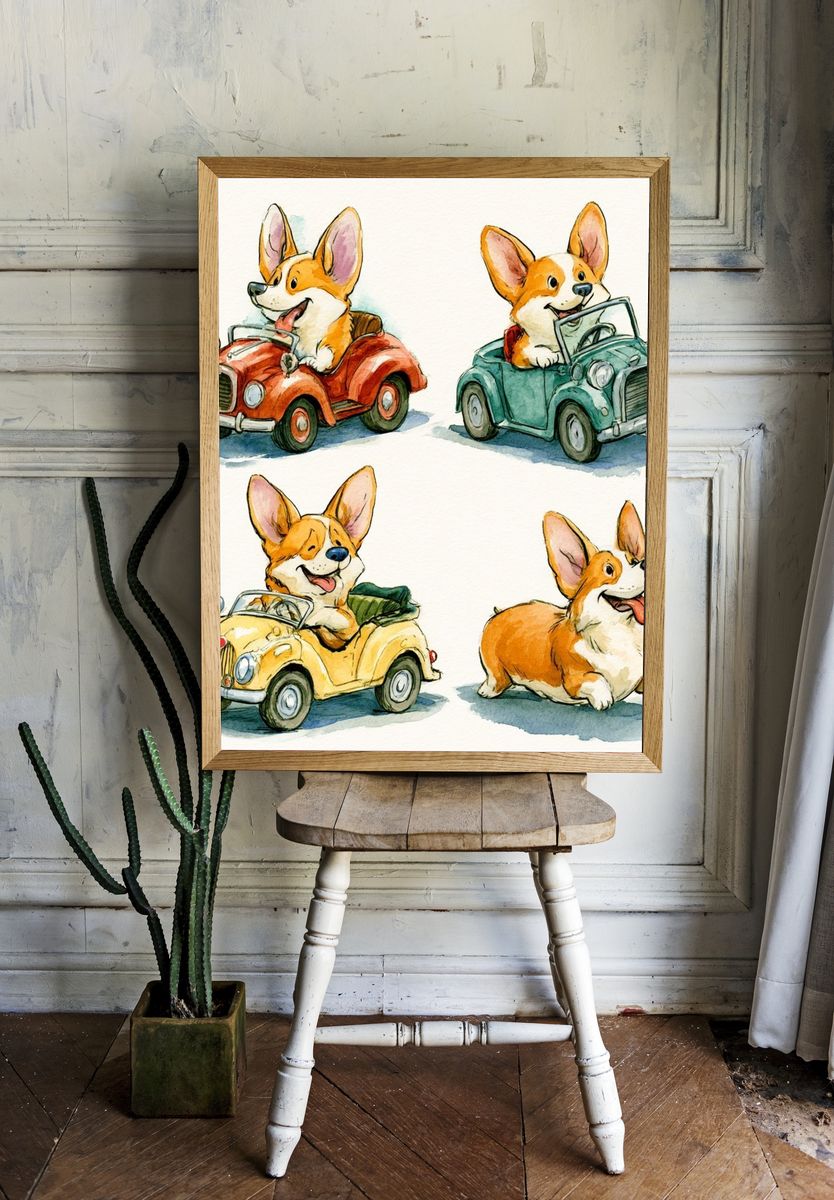 Corgi Car Parade Illustration Poster. room preview