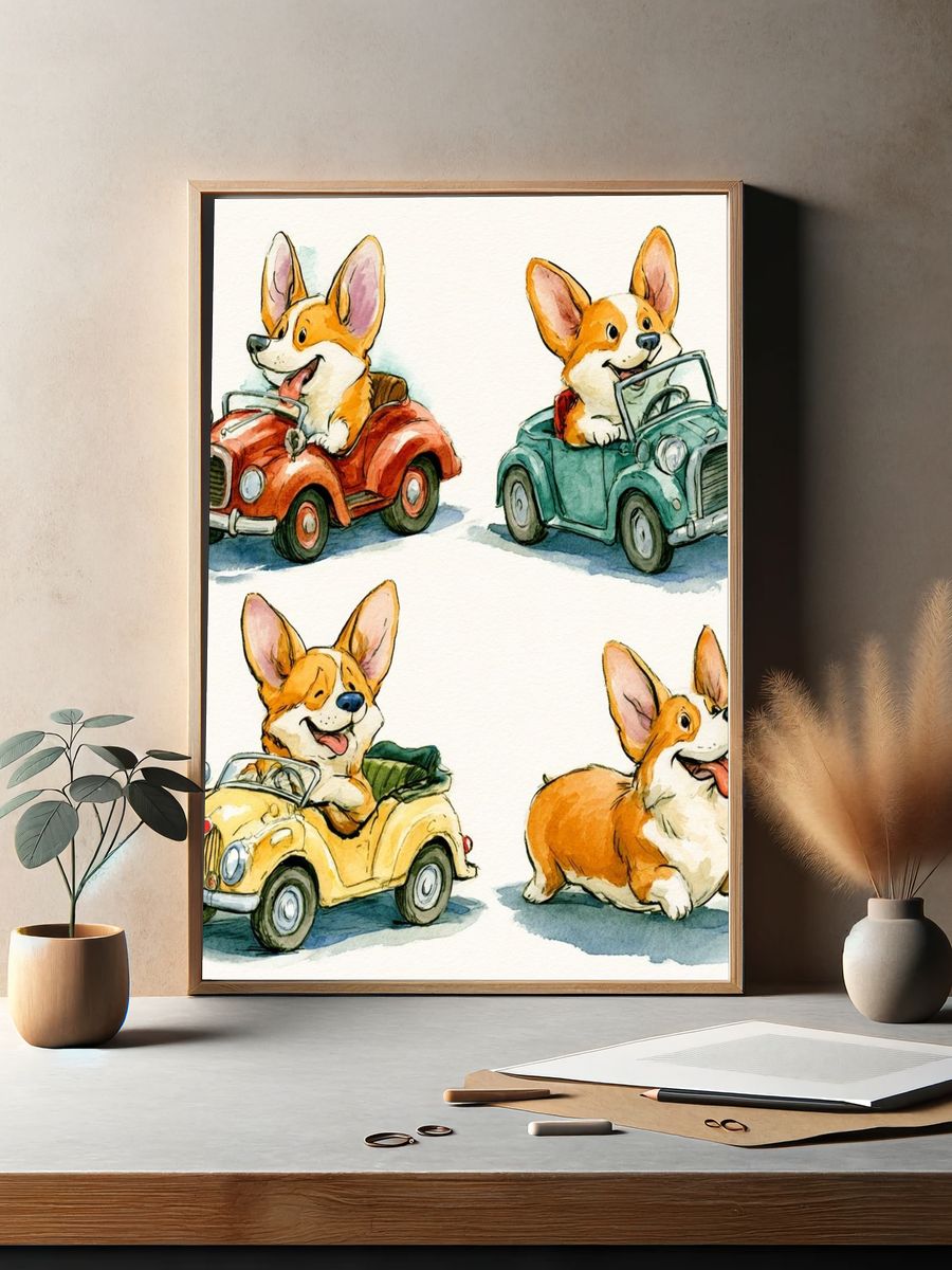Corgi Car Parade Illustration Poster. — room view 2