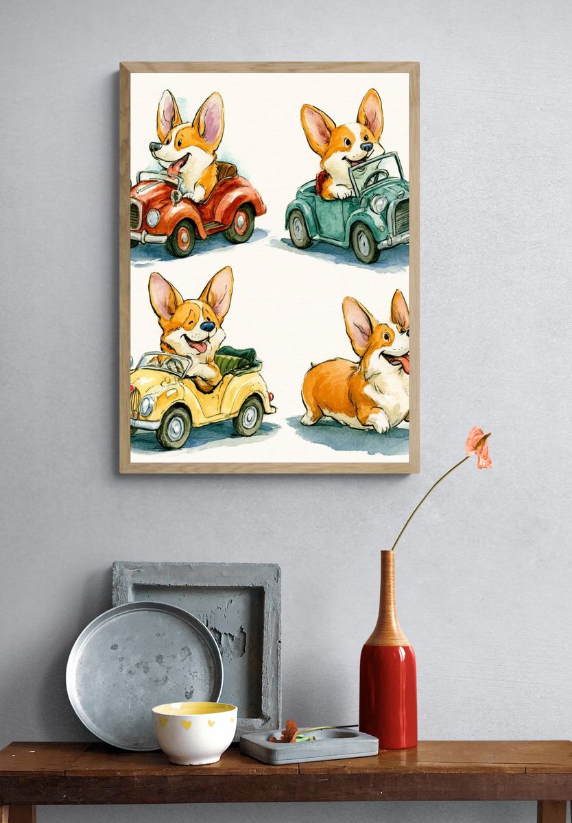 Corgi Car Parade Illustration Poster. — room view 3