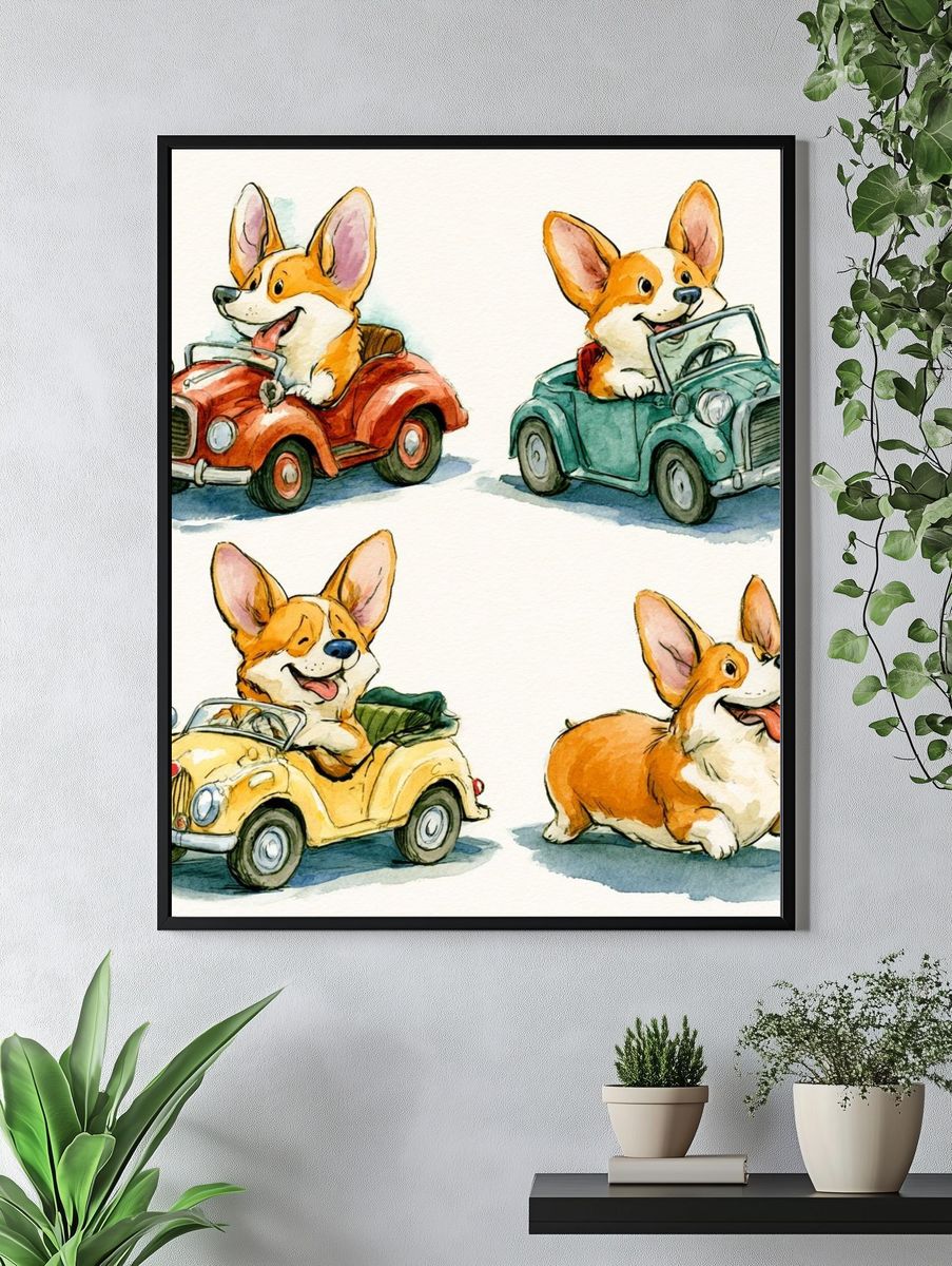 Corgi Car Parade Illustration Poster. — room view 4