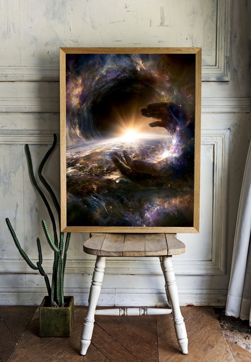 Cosmic Hands — Surrealism Print. room preview