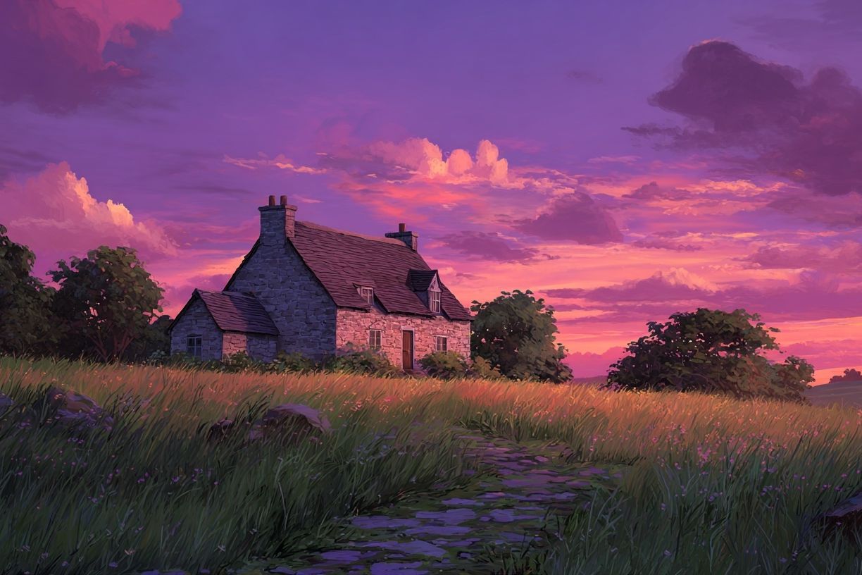 Charming Cottage at Sunset — Landscape Print. poster — nature art
