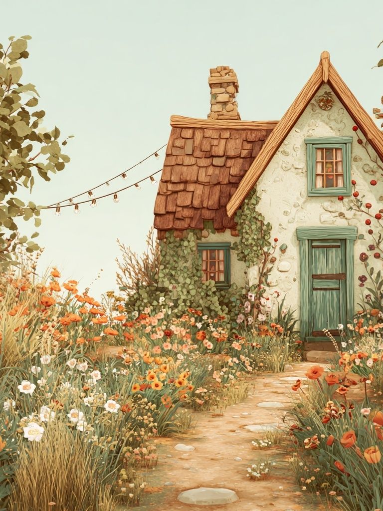 Charming Cottage in Bloom — Illustration Print. poster — illustration art