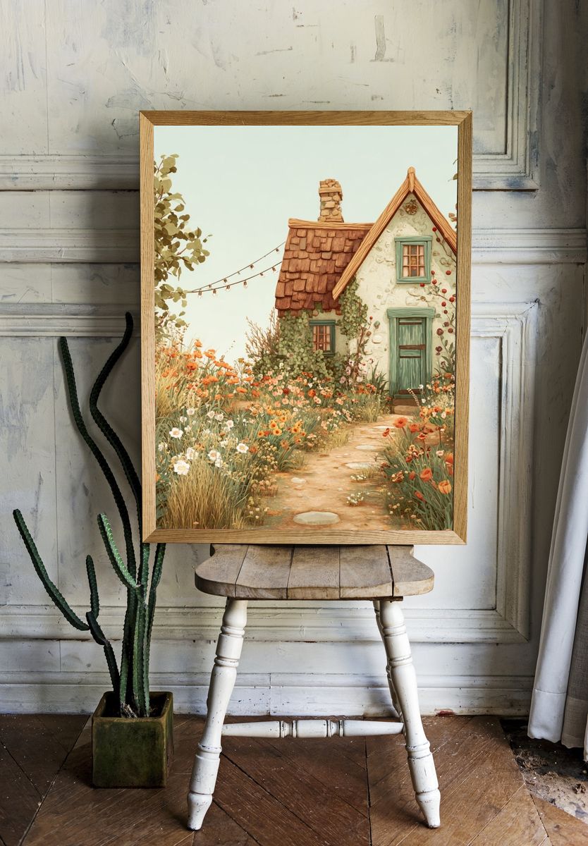 Charming Cottage in Bloom — Illustration Print. room preview