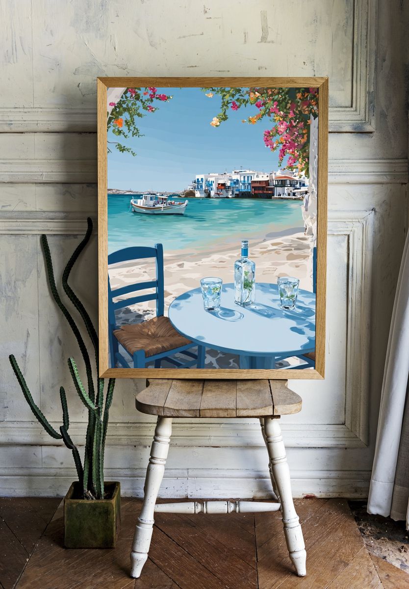 Coastal with Blue Chairs — Illustration Print. room preview