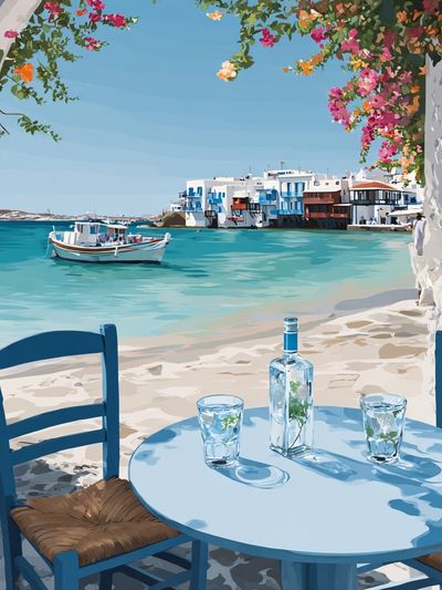 Coastal with Blue Chairs — Illustration Print. poster print